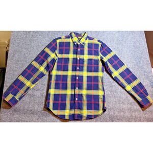 J.Crew Men's Small Plaid Button-Down Shirt Blue Yellow Long Sleeve Cotton